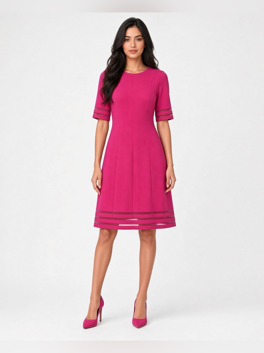 Jessica Howard Fuchsia Midi A-Line Dress with Sheer Stripe Hem